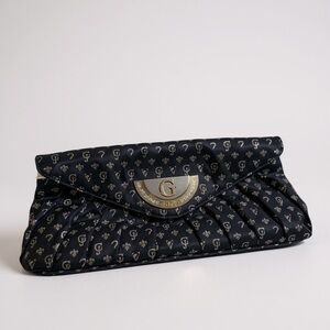 Guess Black Monogram Satin Clutch w/ Rhinestone Logo Plate Y2K Gold Logo